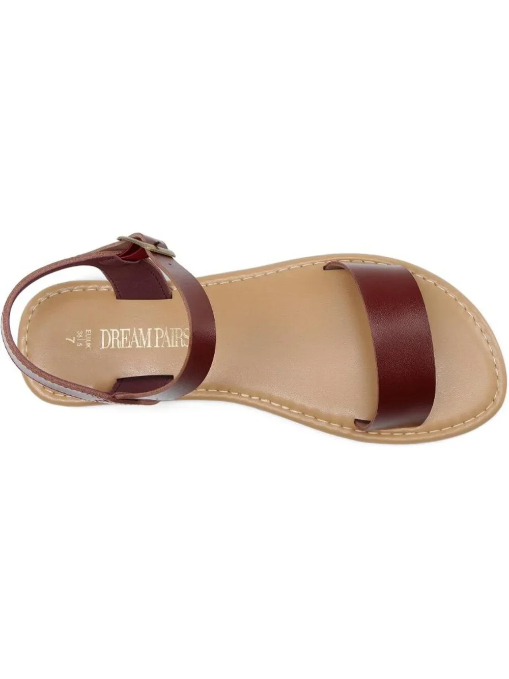 Women's Brown Pu Ankle Strap Flat Sandal Open Toe One Band Buckle Summer Sandals